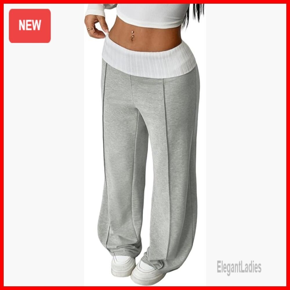 High Waisted Wide Leg Sweatpants Y2K Fold Over Rib Knit Streetwear Joggers